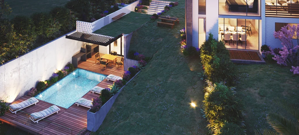 Render de Kiyomi al anochecer: piscina con deck de madera, pérgola y jardín con iluminación empotrada.