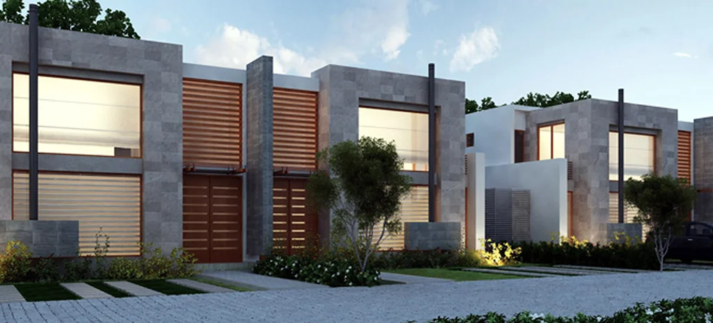 Render de Domaine III de día: fila de casas con revestimiento de piedra gris, celosías de madera y camino pavimentado.