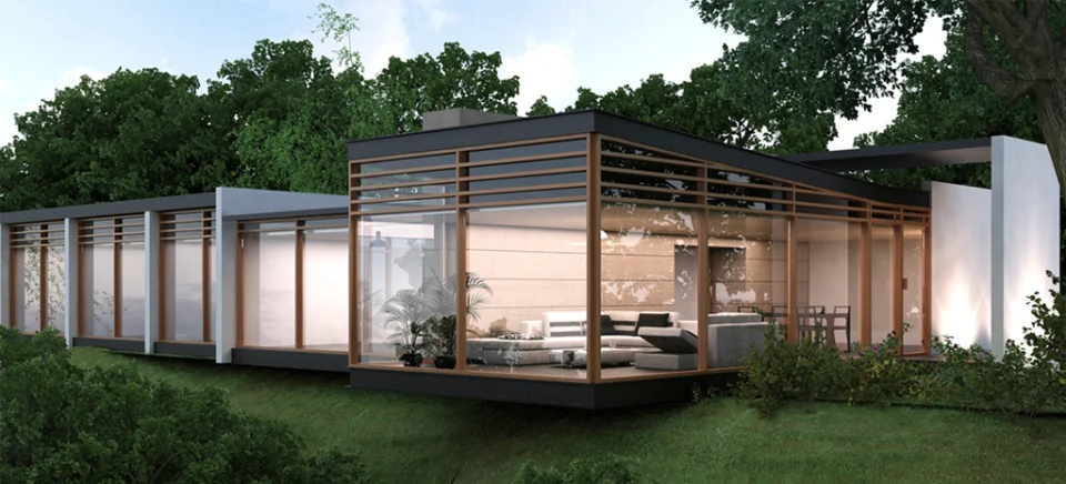 Render de Casa de Campo: vivienda de una planta con fachadas de vidrio y estructura de madera, rodeada de árboles y césped.