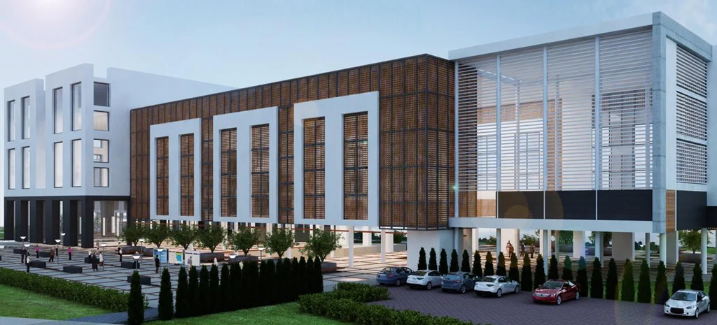 Render del Clúster de Ciencias: bloques con celosías de color madera, pilares claros, plaza y vehículos estacionados.