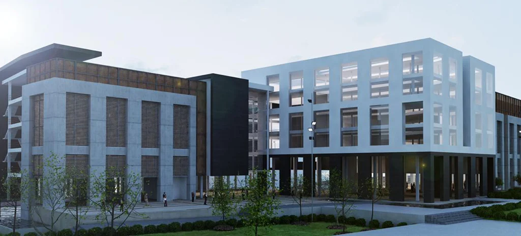 Render del Clúster de Ciencias: bloques de fachada clara, celosías de color madera, farolas encendidas y personas al frente.