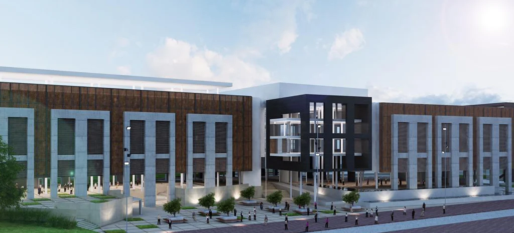 Render del Clúster de Ciencias: plaza peatonal frente a fachadas con celosías de color madera y un bloque central oscuro.