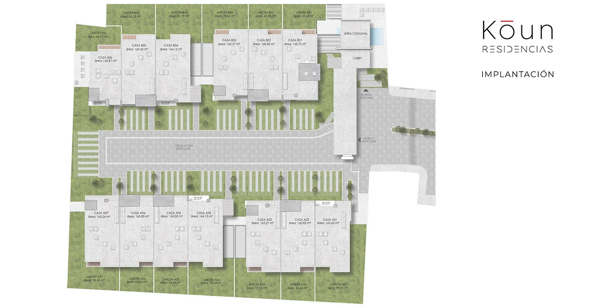Implantación de Kōun Residencias con casas A01 a A07 y B01 a B06, jardines, área comunal y lobby.