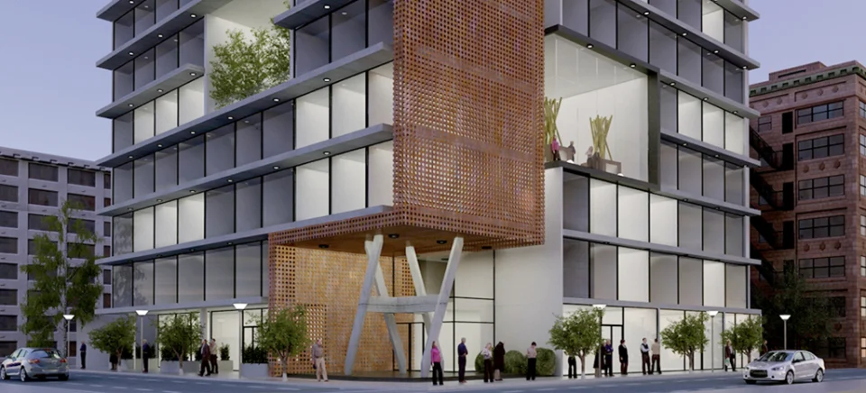 Render de San Gregorio: edificio de varios pisos con celosía de madera en la fachada, vidrio y columnas en V.