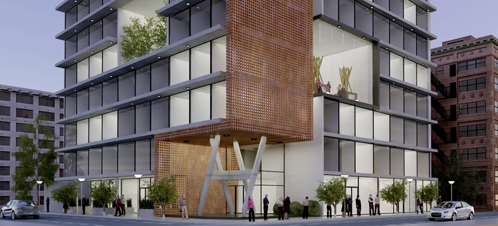 Render de San Gregorio: edificio de varios pisos con celosía de madera en la fachada, vidrio y columnas en V.