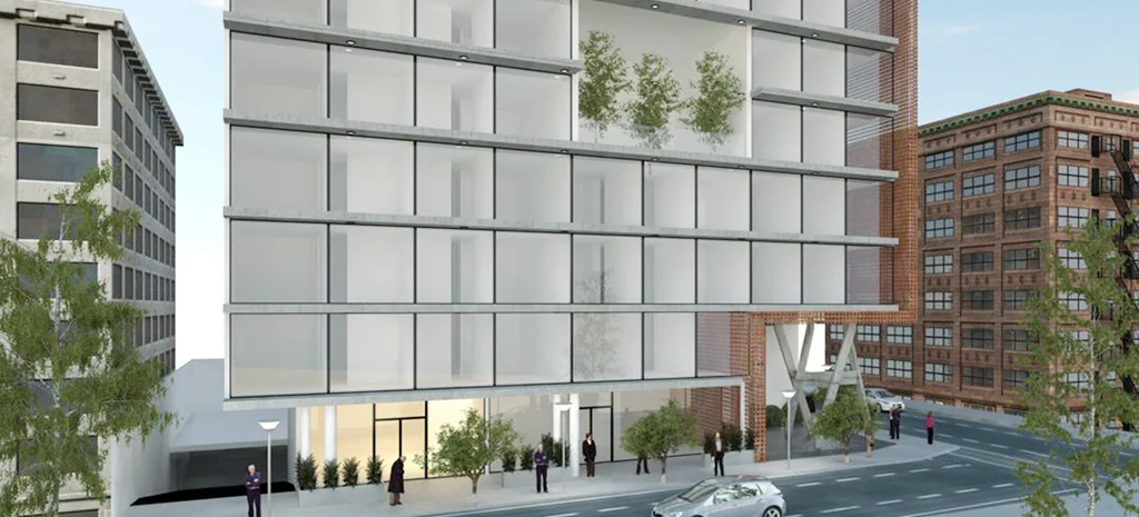 Render de San Gregorio: fachada de vidrio con jardineras en los pisos superiores y edificio de ladrillo al costado.